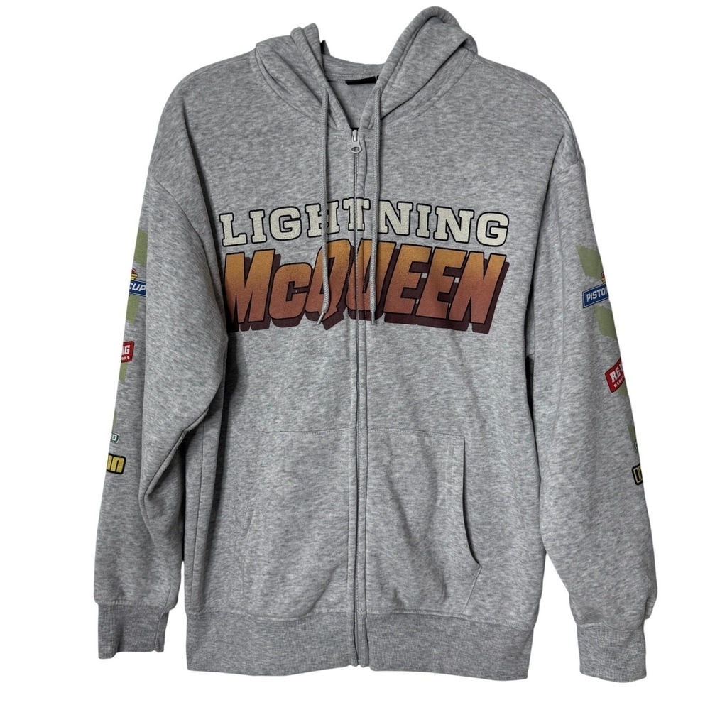 Disney Pixar‎ Cars Lightning McQueen Zip Up Hoodie Sweatshirt Mens Large Gray